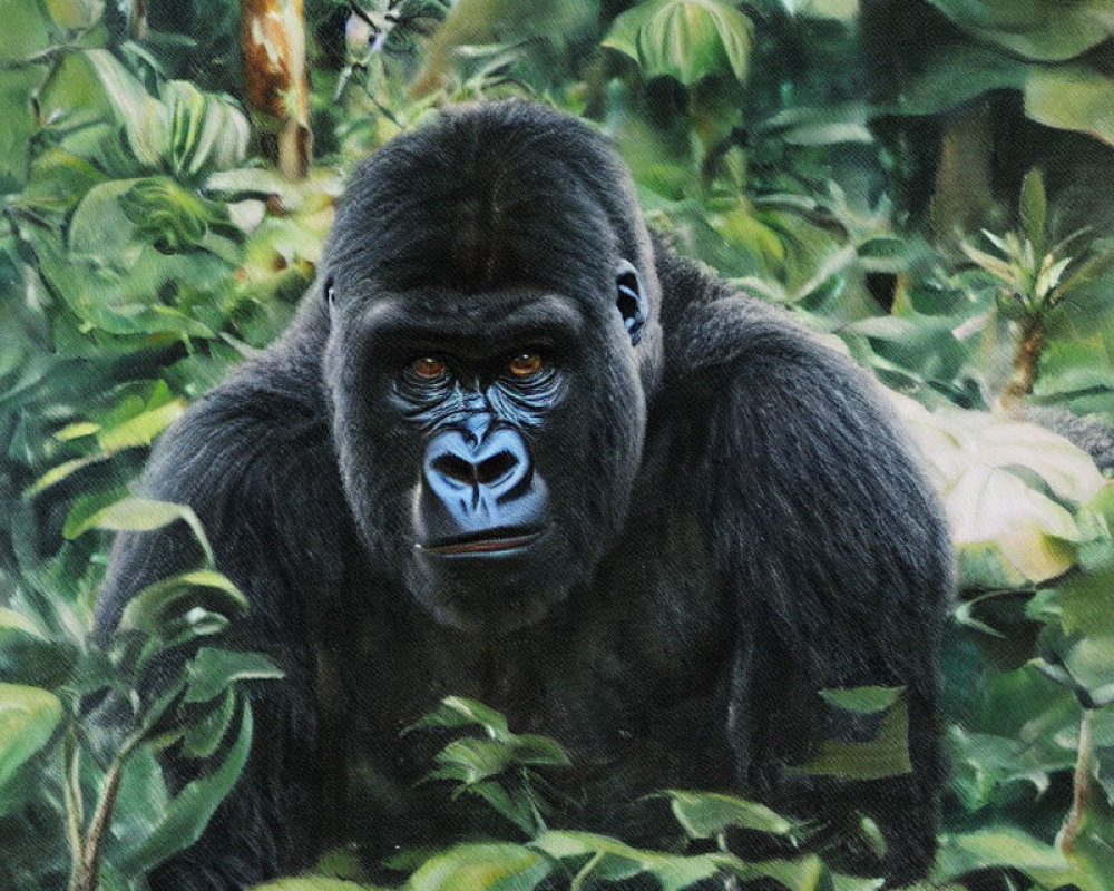 Gorilla face close-up in lush jungle setting