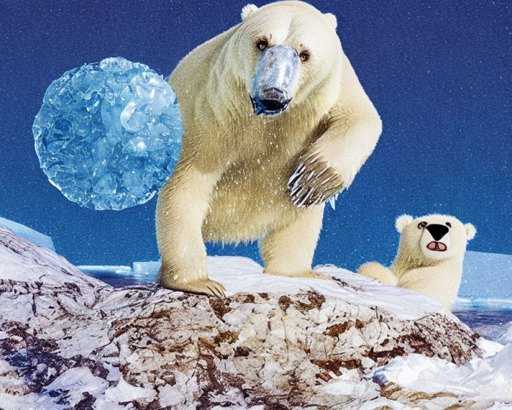 Polar bear with blue globe and cub in icy landscape