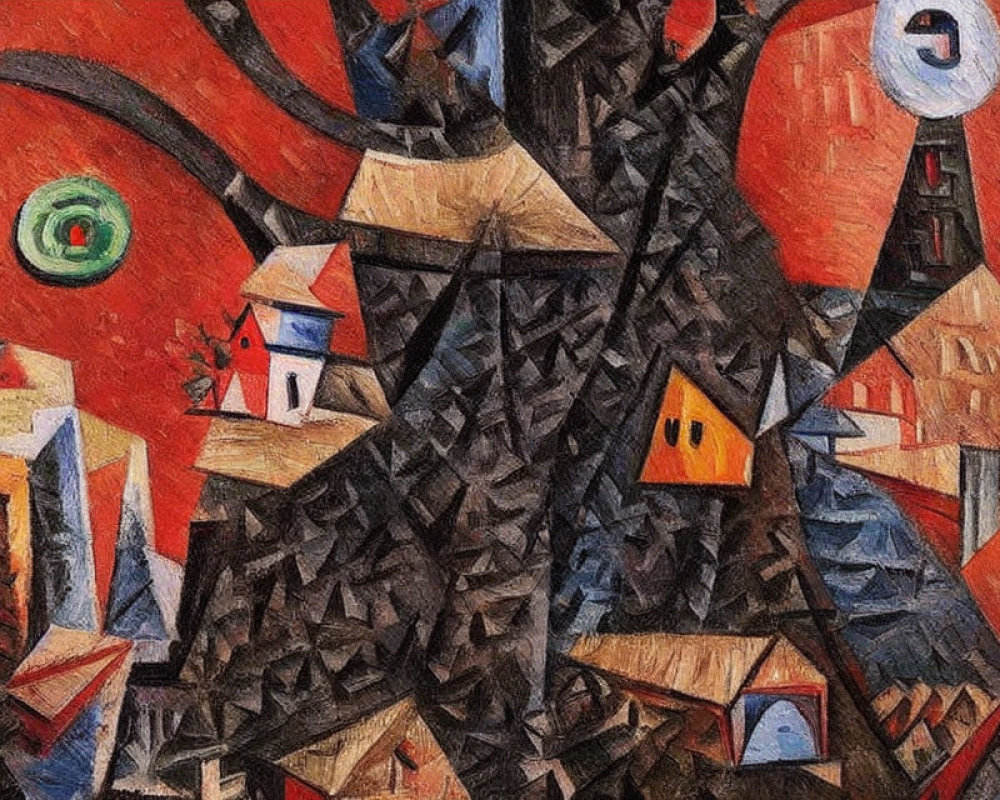 Geometric Cubist Painting of Houses and Tree in Warm Colors