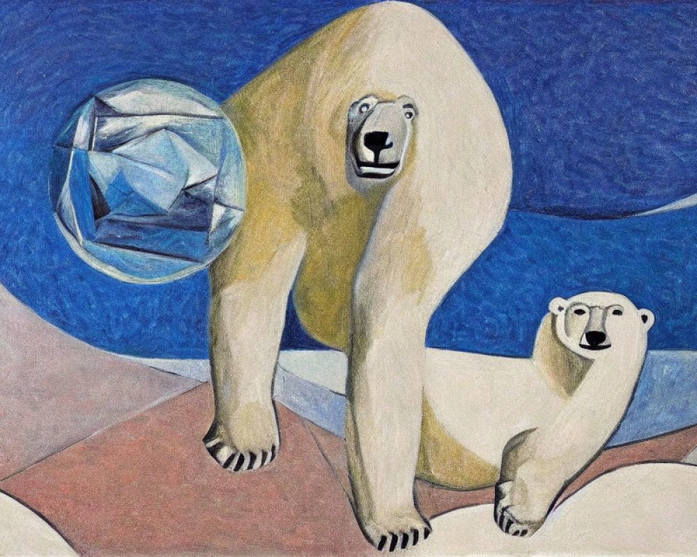 Stylized polar bears with abstract geometric shape on blue background