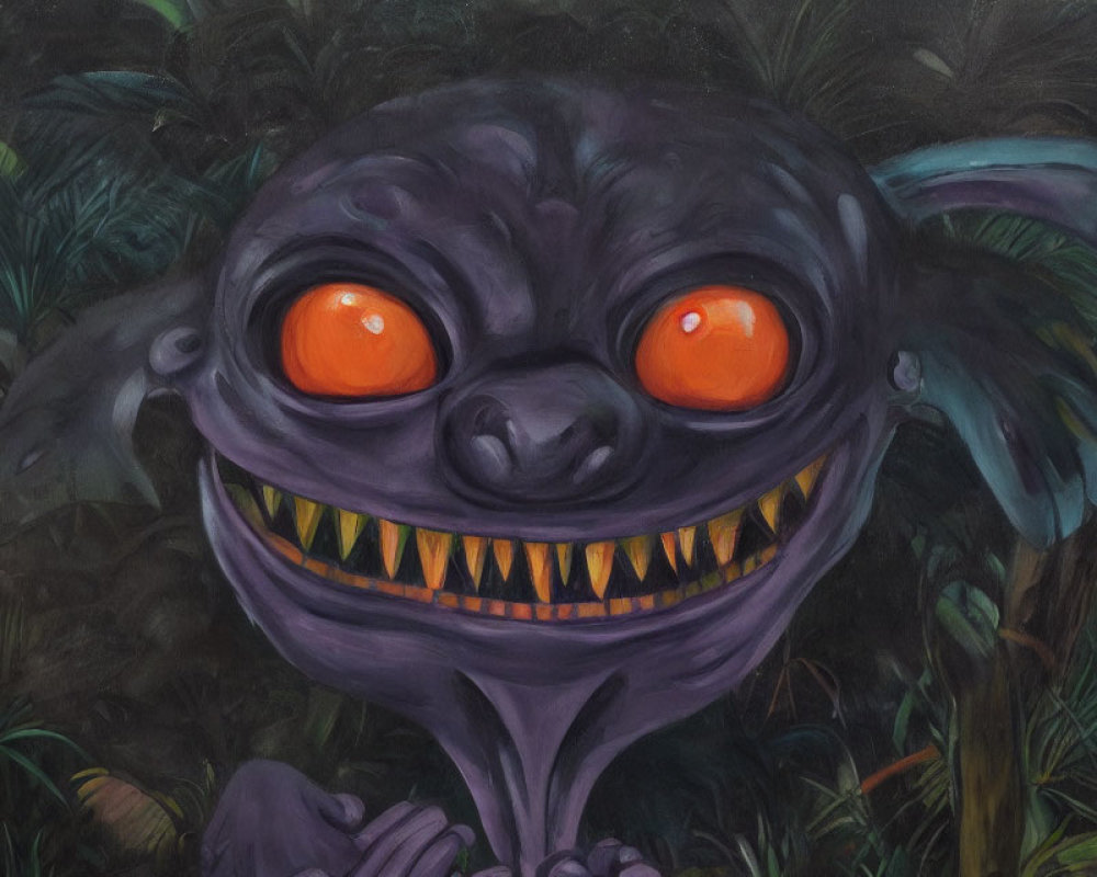 Purple-skinned creature with sharp teeth and orange eyes in dark foliage.