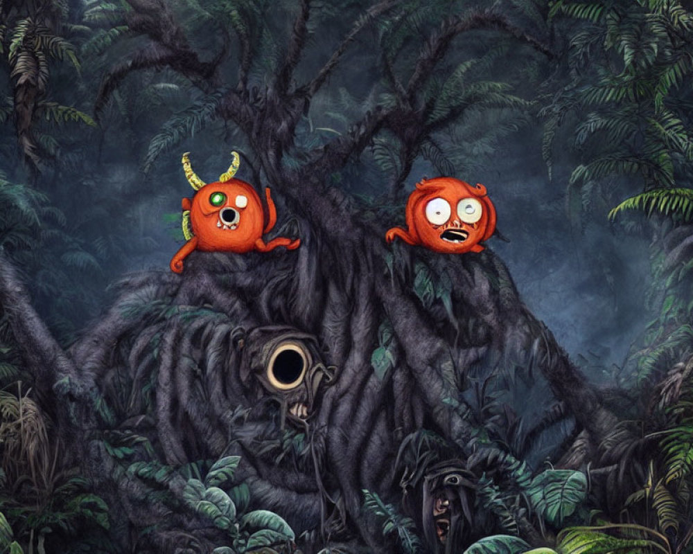 Colorful cartoon creatures on twisted tree branches in misty jungle