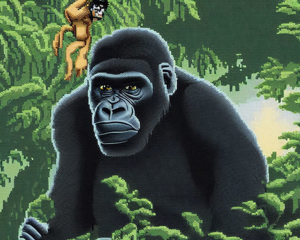 Detailed pixelated gorilla artwork in lush jungle setting with small figure on branch.