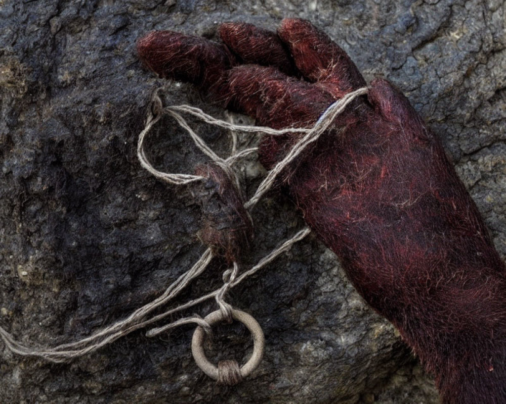 Dark Red Hand with White String on Rugged Background