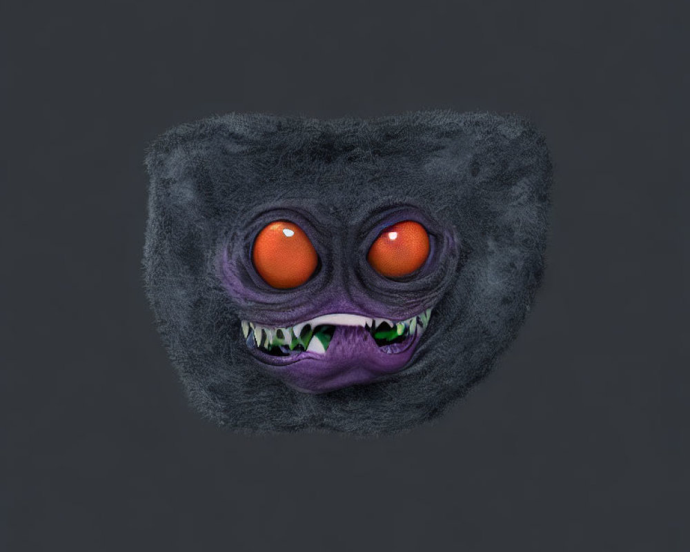 Orange-eyed furry creature with sharp teeth and purple face on grey background