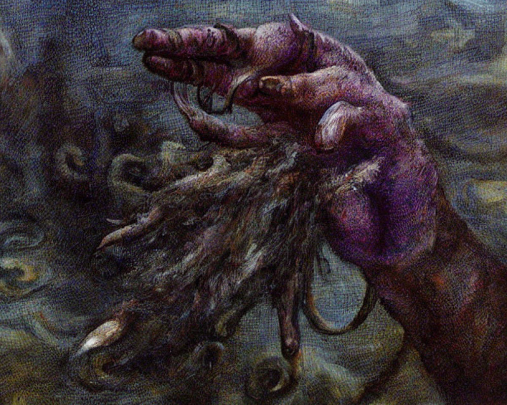 Surreal textured painting of purple monstrous hand