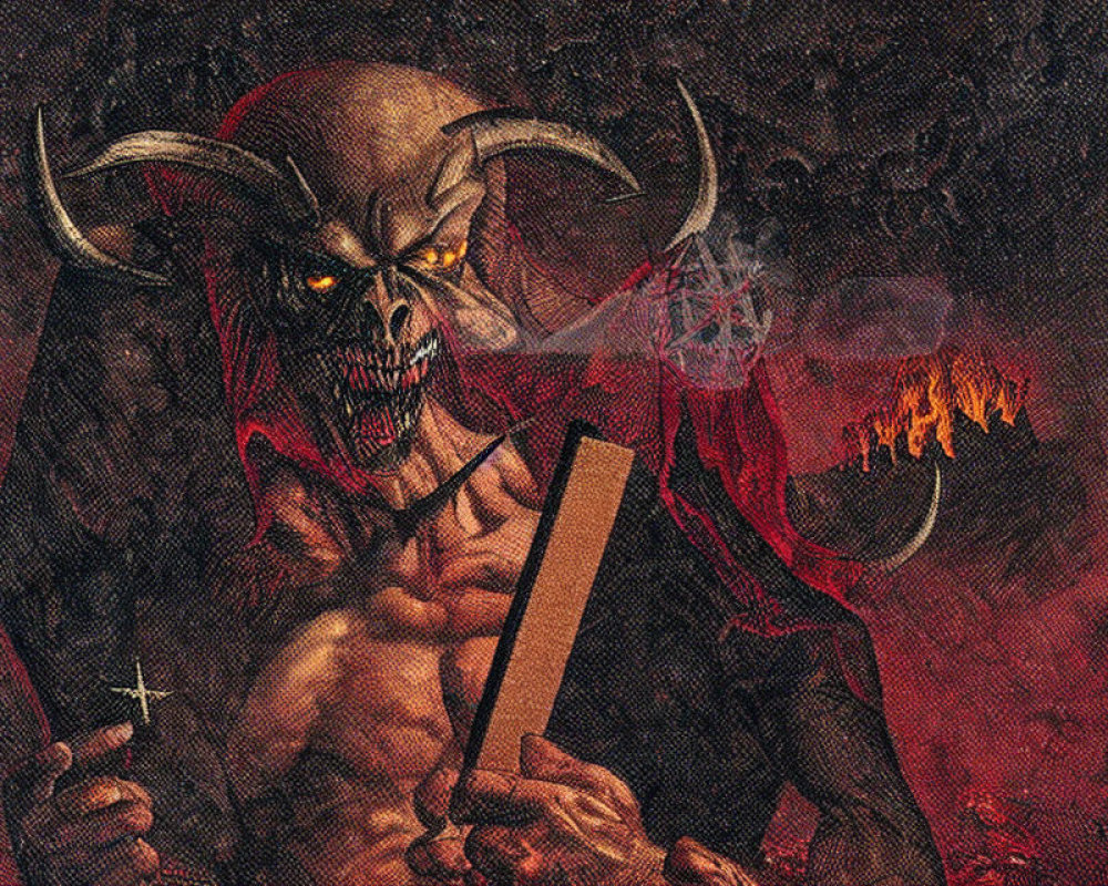 Sinister horned creature with burning objects in fiery setting