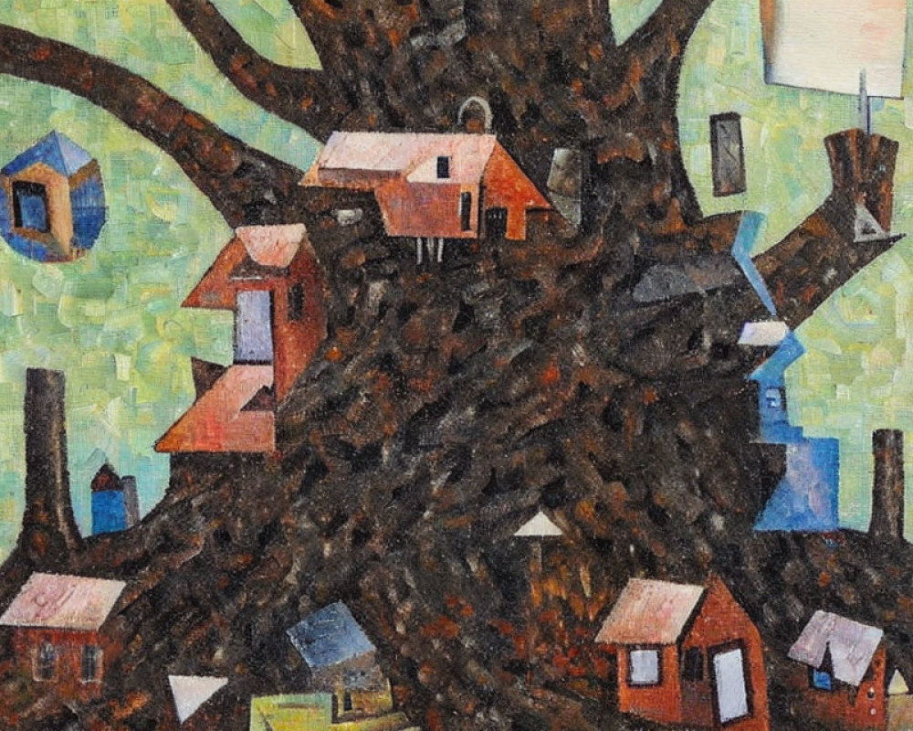 Colorful Abstract Painting: Tree with Stylized Birdhouses