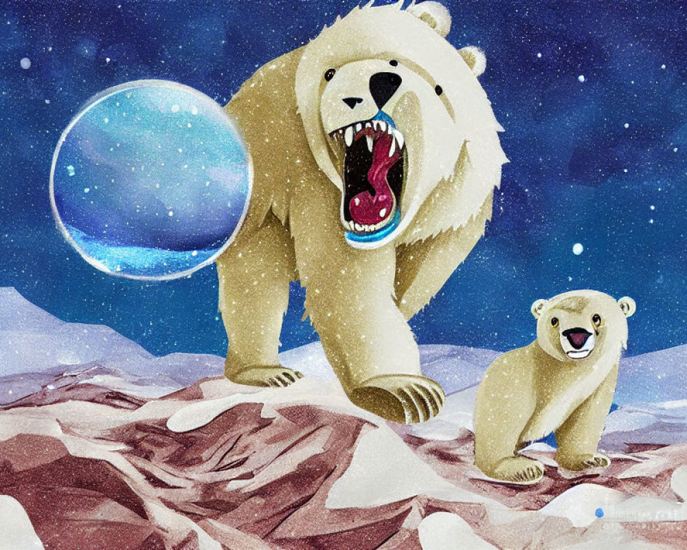 Stylized illustration of adult polar bear and cub on snowy landscape