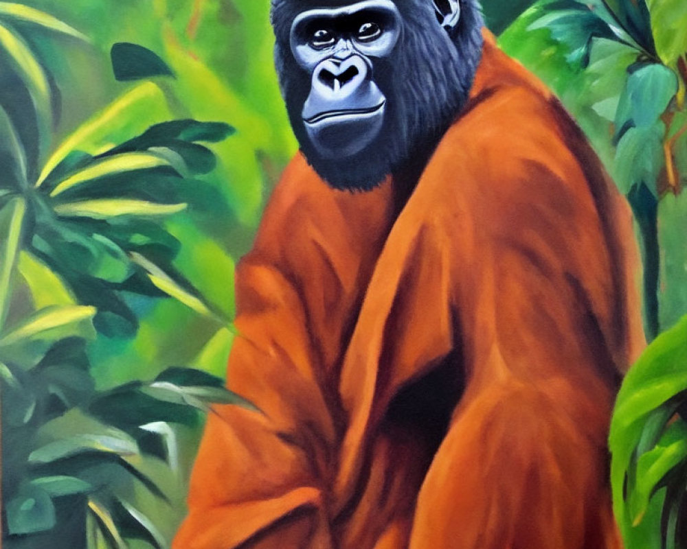 Contemplative gorilla painting with orange cloth on green background