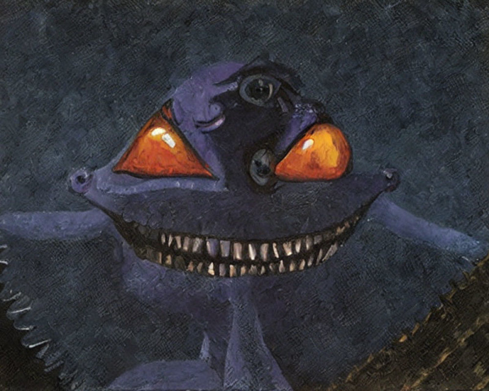 Whimsical creature with wide grin and orange eyes on blue background