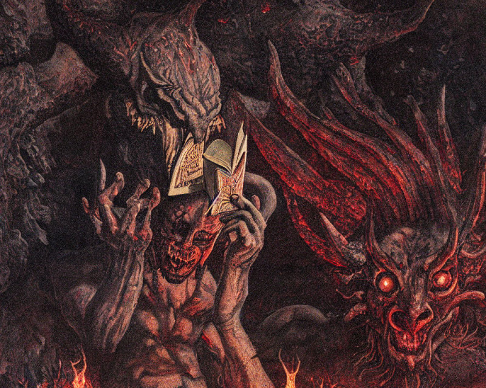 Fantasy Artwork: Muscular Creature with Horns Reading Book beside Fiery-Eyed Creature