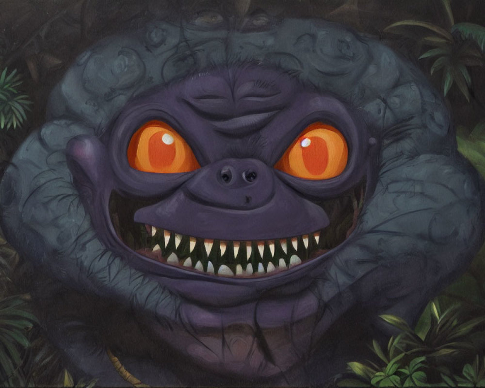 Purple Creature with Orange Eyes in Dark Jungle Illustration