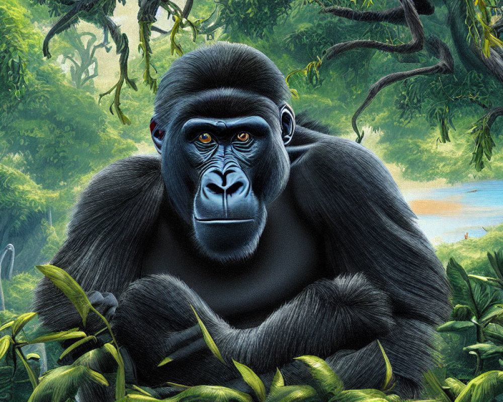 Gorilla resting in lush jungle with intense eyes and serene backdrop