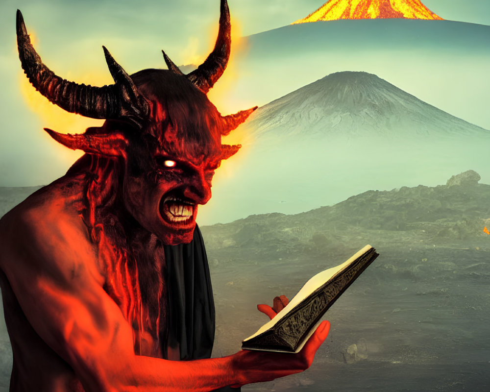 Red demon with horns reading book in volcanic landscape with fiery eruption.