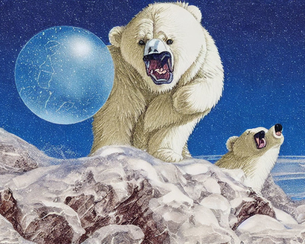 Polar bears roaring and lying under starry sky with blue moon