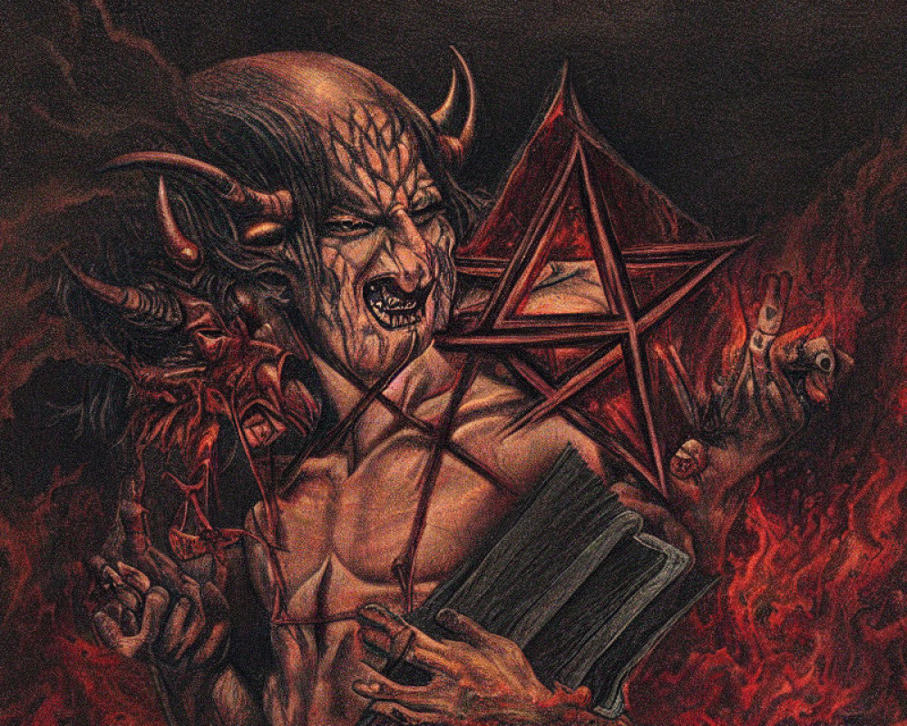 Menacing demon with sharp teeth and horns holding pentagram and book in fiery setting