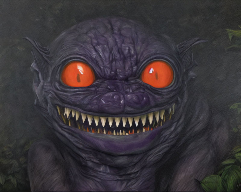 Purple-skinned creature with sharp teeth and glowing red eyes on dark background