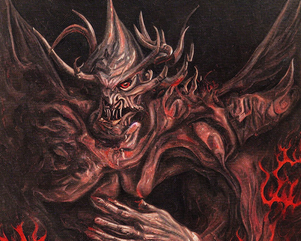 Sinister Demon with Red Eyes and Sharp Horns in Fiery Background