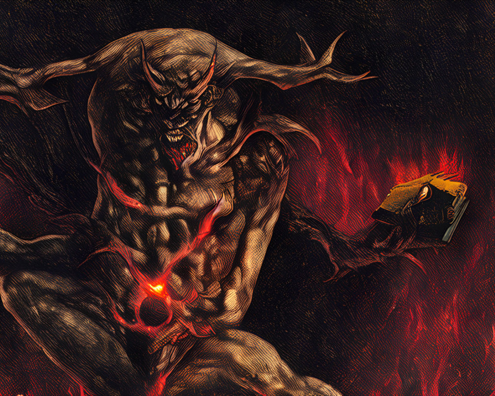 Muscular demon with glowing eyes and fiery backdrop holds burning heart and jeweled gauntlet.