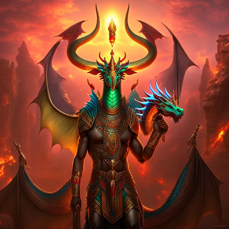 Dragon-headed humanoid in ornate armor with wings unfurled in fiery skies and ancient temples.