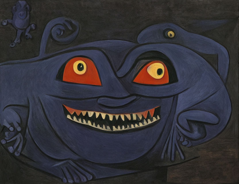 Whimsical painting of blue creature with orange eyes and toothy grin