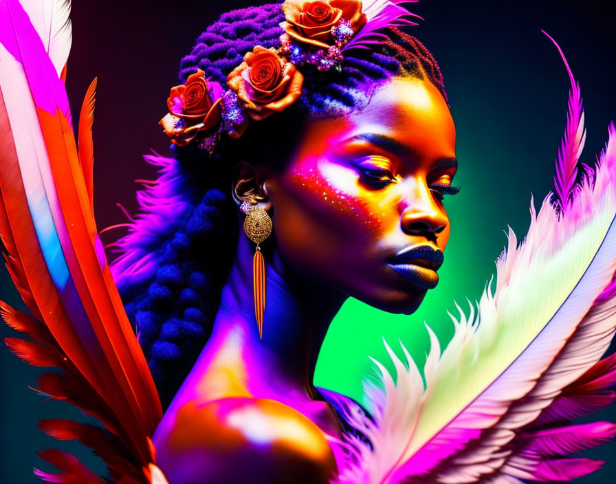 Woman with Vibrant Makeup, Flowers, and Feathers in Colorful Lighting