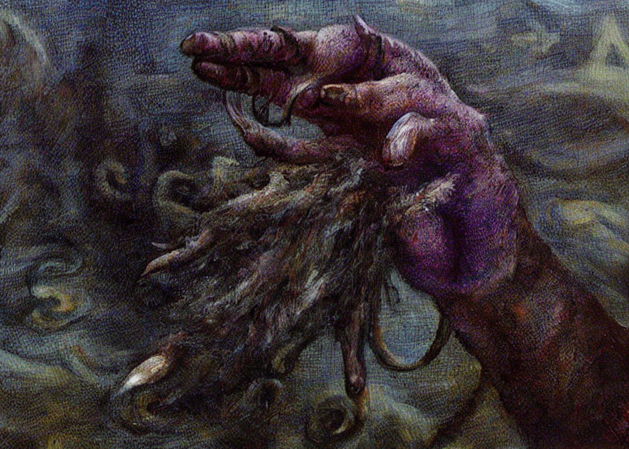 Surreal textured painting of purple monstrous hand