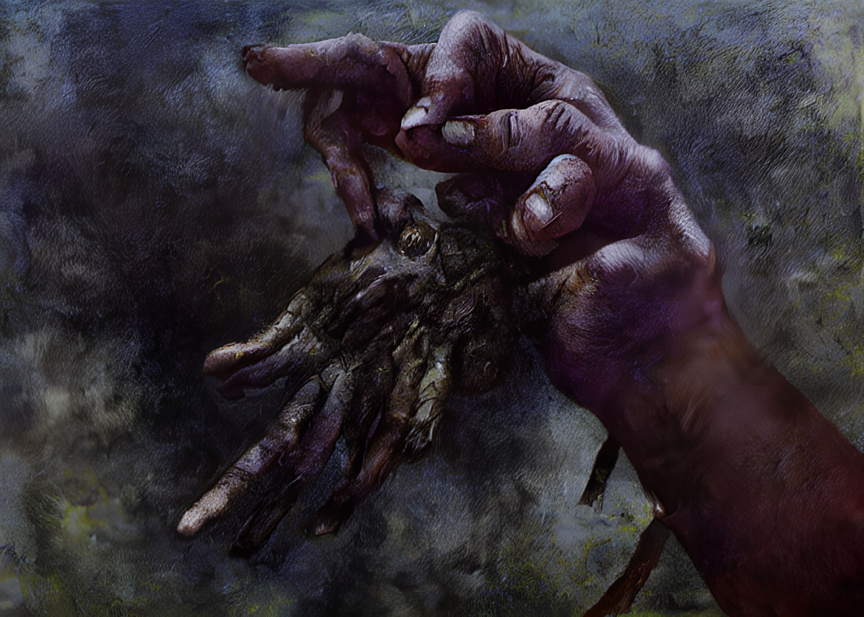 Textured painting of two hands touching in dimly lit atmosphere