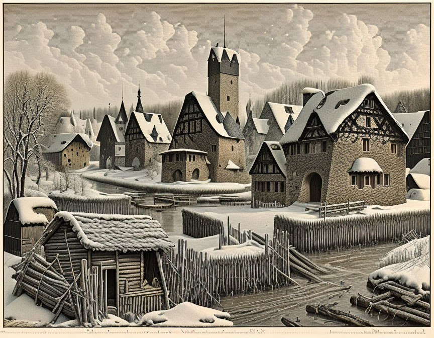 Monochromatic vintage illustration of snowy medieval village