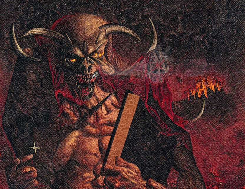 Sinister horned creature with burning objects in fiery setting