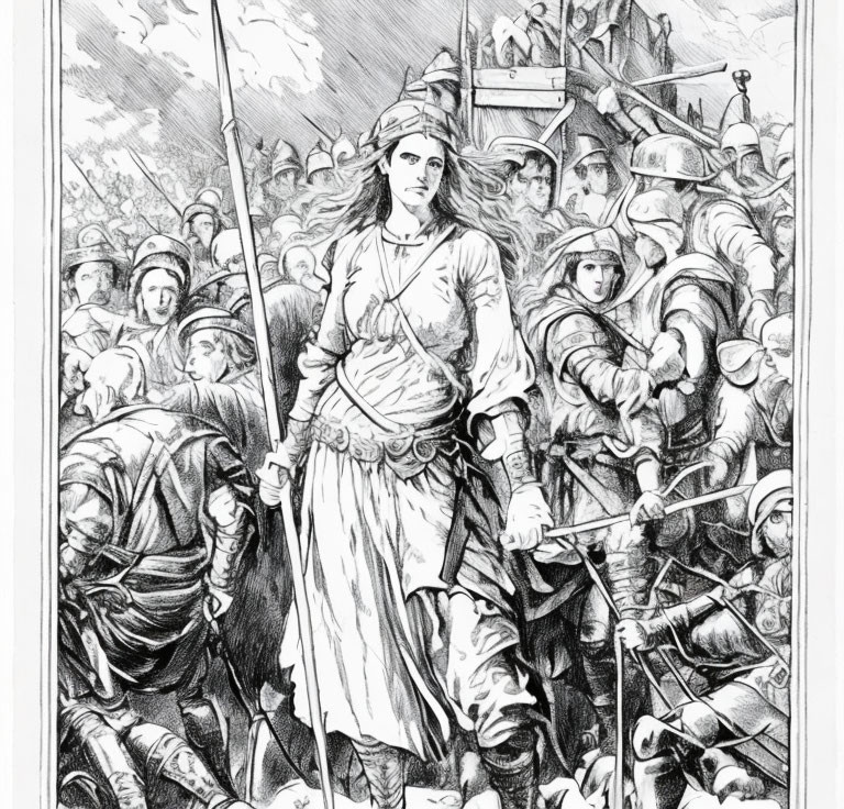 Medieval woman warrior in armor leading army into battle with flagpole and banners.