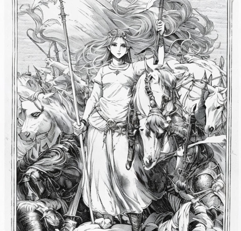 Detailed Black and White Illustration of Warrior Queen on Horseback Leading Charge