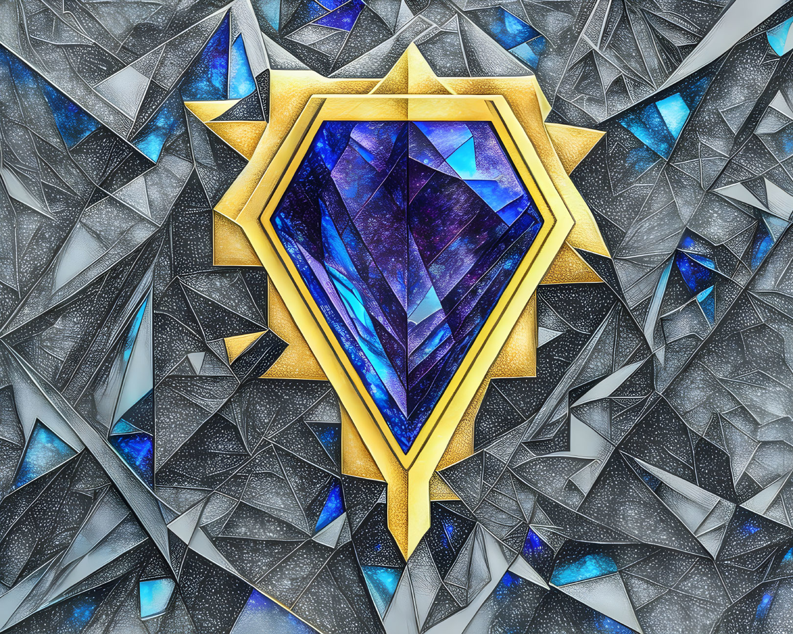 Colorful digital artwork with central blue crystal and gem-like structures in blue and gray.