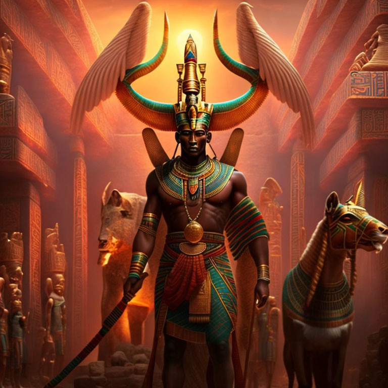 Digital artwork of ancient Egyptian figure with pharaoh's headdress, anubis, and horse against