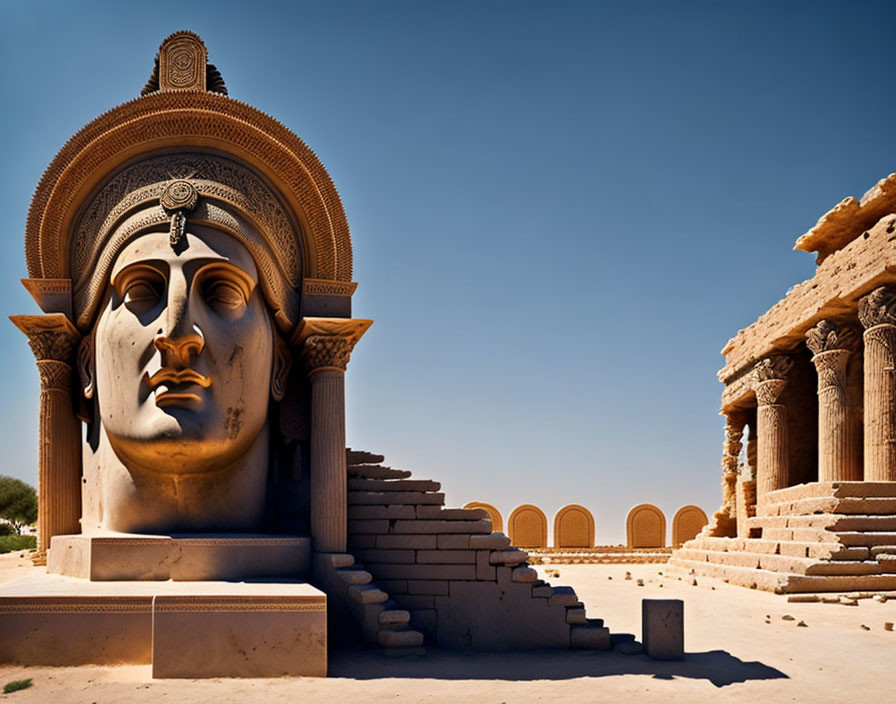 Massive face sculpture in desert with archway & columns under blue sky