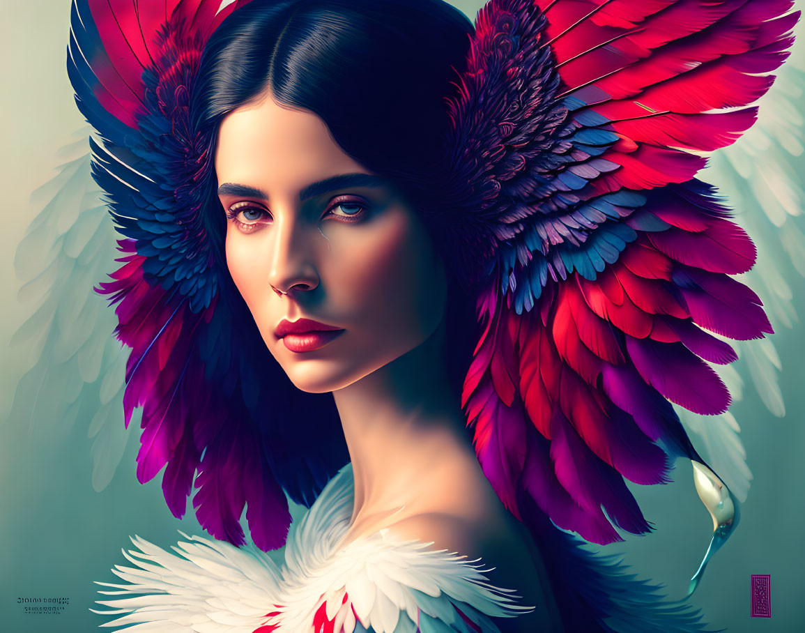 Digital art portrait of woman with dark hair and intense gaze and vibrant red and white feathered wings