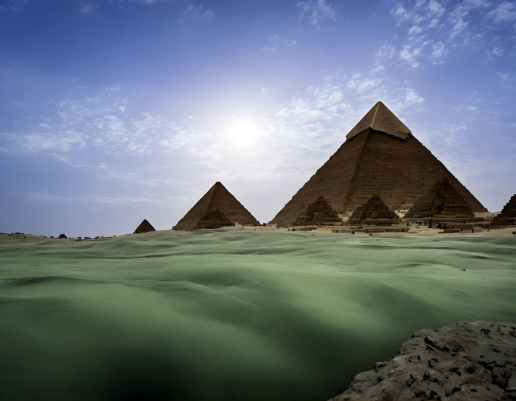 Ancient pyramids under hazy sun in desert landscape