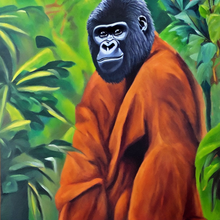 Contemplative gorilla painting with orange cloth on green background