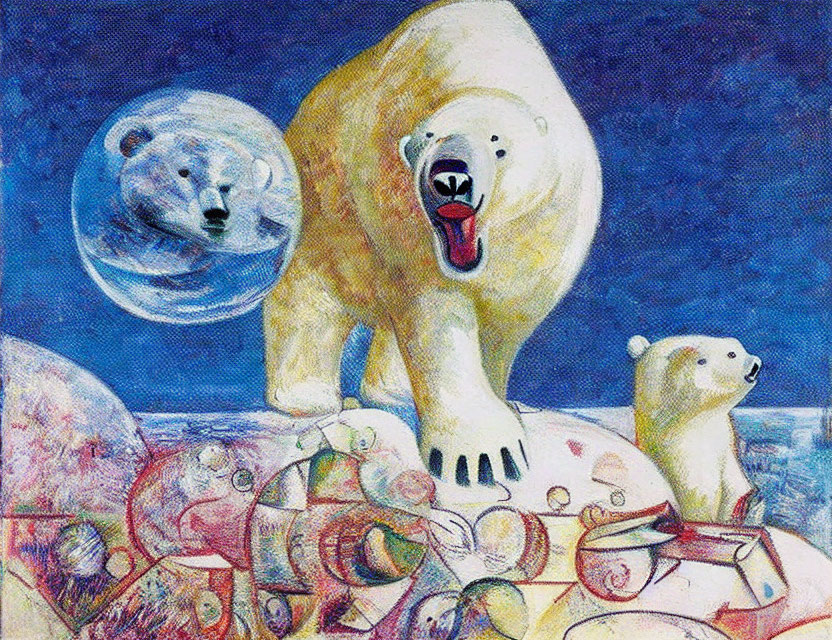 Vibrant artwork: stylized polar bears with exaggerated features, roaring, set against dreamlike background