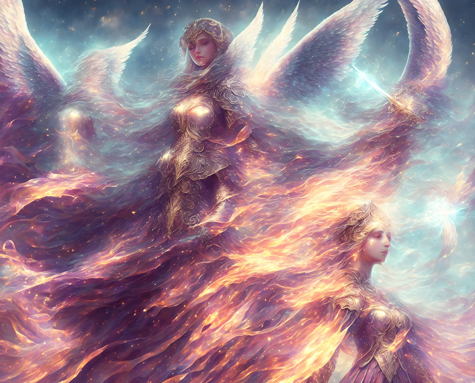 Ethereal artwork: Angelic figures with luminescent wings in fiery swirls