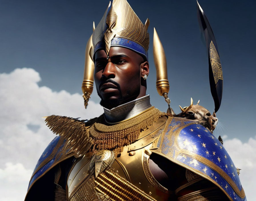 Majestic warrior in golden and blue armor against cloudy sky