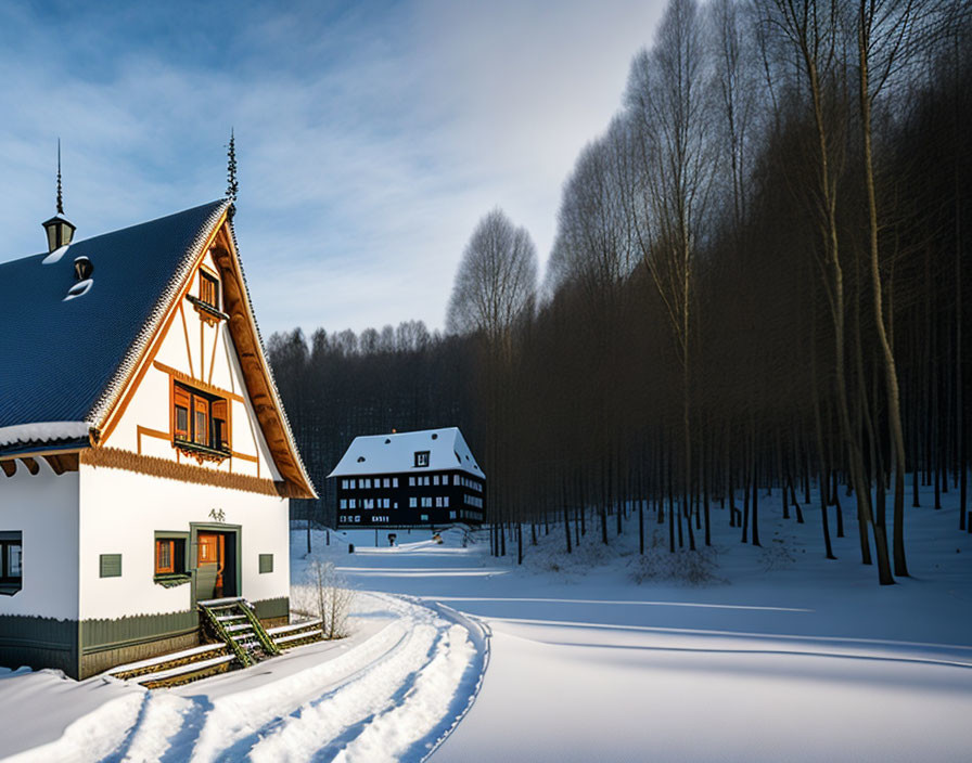 Snow-covered landscape with traditional houses and steep roofs in winter forest