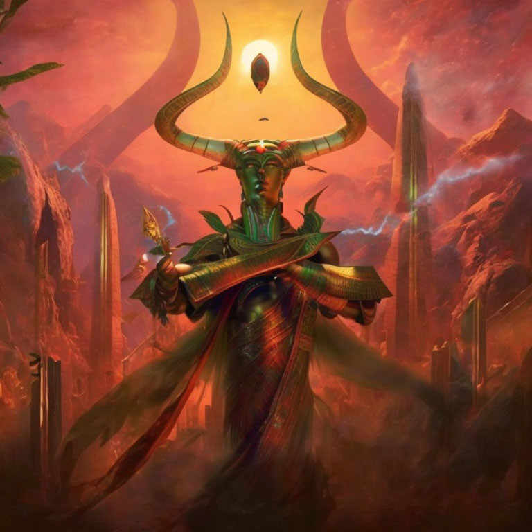 Fantasy figure in horned armor with scepter in fiery landscape