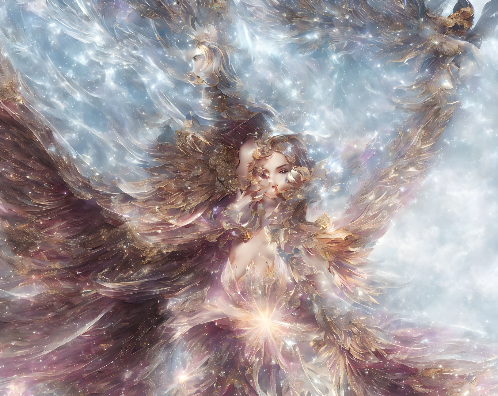 Serene celestial being with luminous skin and magnificent cosmic wings