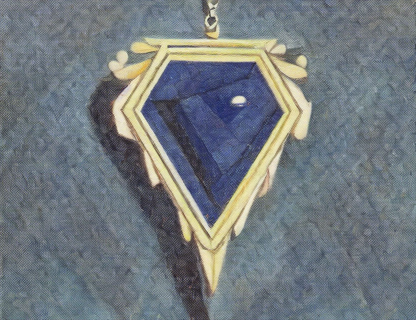 Blue Diamond-Shaped Pendant with Gold Border and Pearl Drop in Painted Texture Style