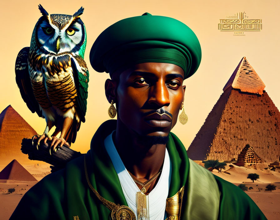 Stylized digital artwork of man in green turban with owl, pyramids, sunset