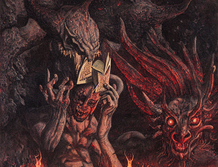 Fantasy Artwork: Muscular Creature with Horns Reading Book beside Fiery-Eyed Creature