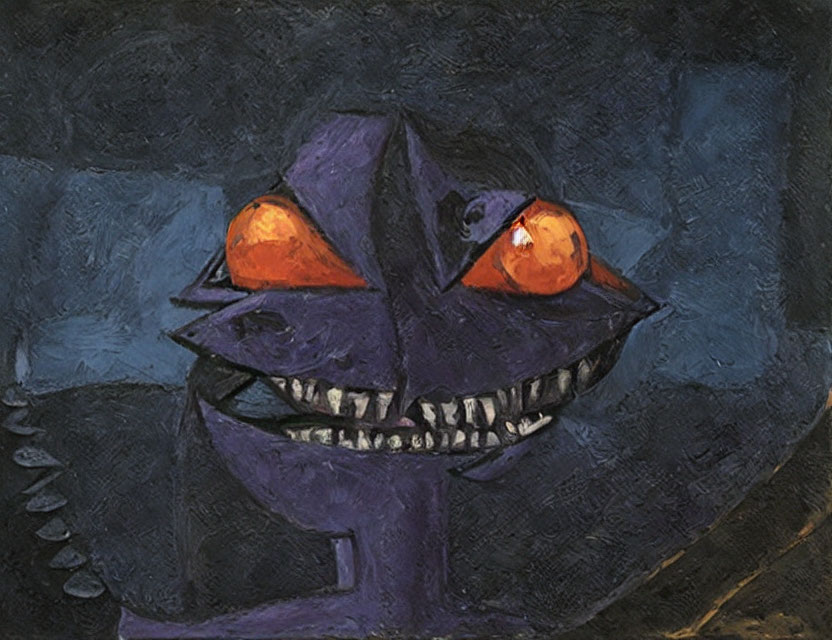 Purple Creature with Wide Grin and Orange Eyes: Stylized Artistic Representation