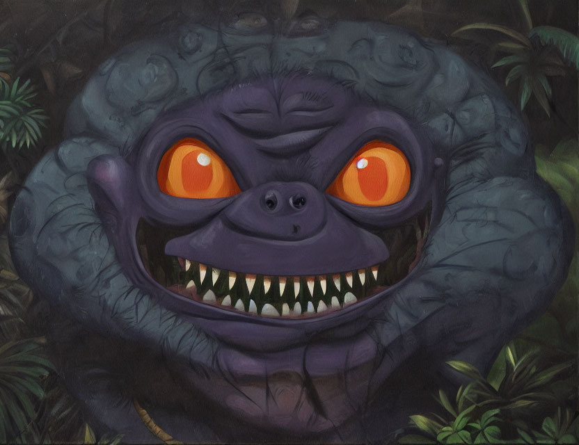 Purple Creature with Orange Eyes in Dark Jungle Illustration